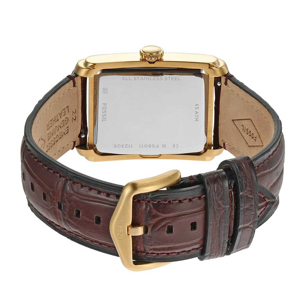 Fossil Carraway watch caseback showing stainless steel case, brown crocodile leather strap with gold-tone buckle