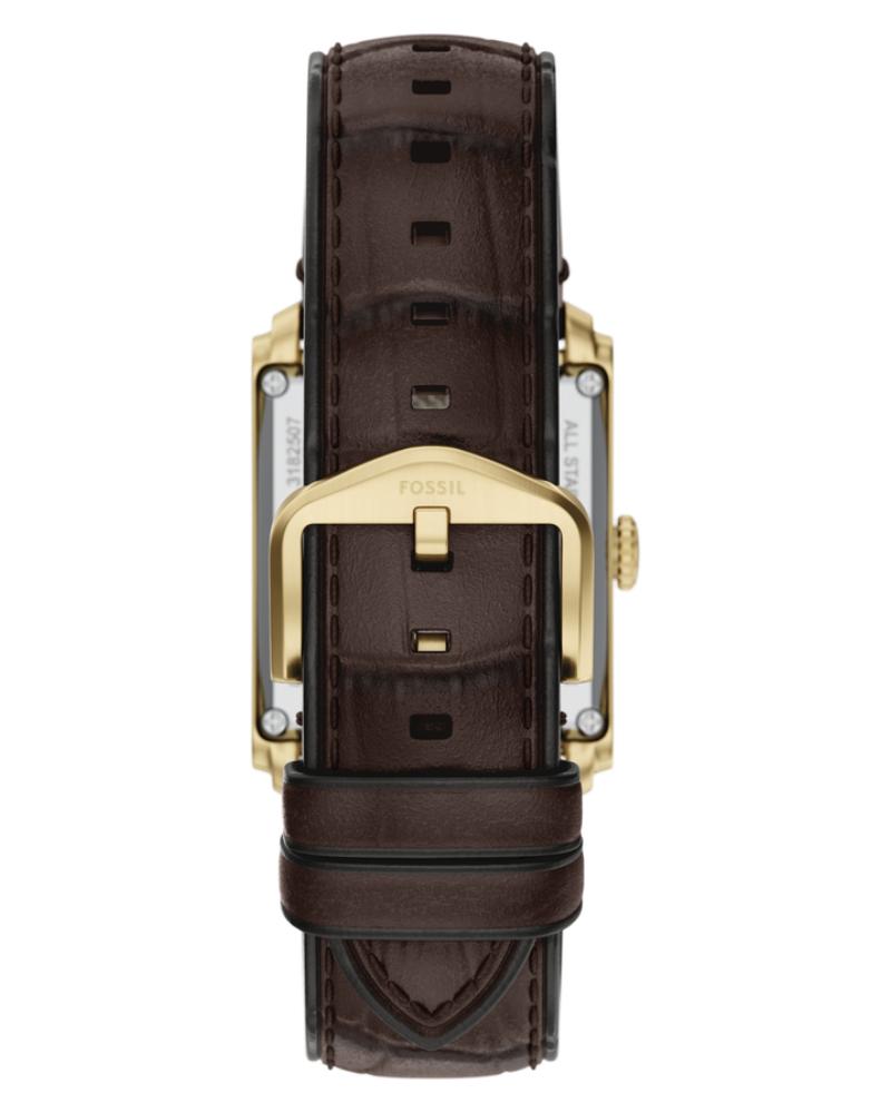 Back view of Fossil Carraway watch showing case back with gold-tone finish and brown crocodile leather strap