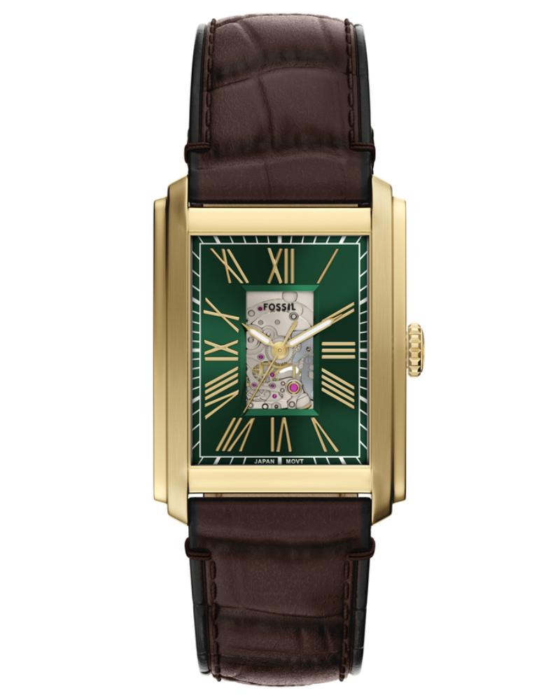 Fossil Carraway automatic watch with green dial, Roman numerals, gold-tone rectangular case and brown crocodile leather strap