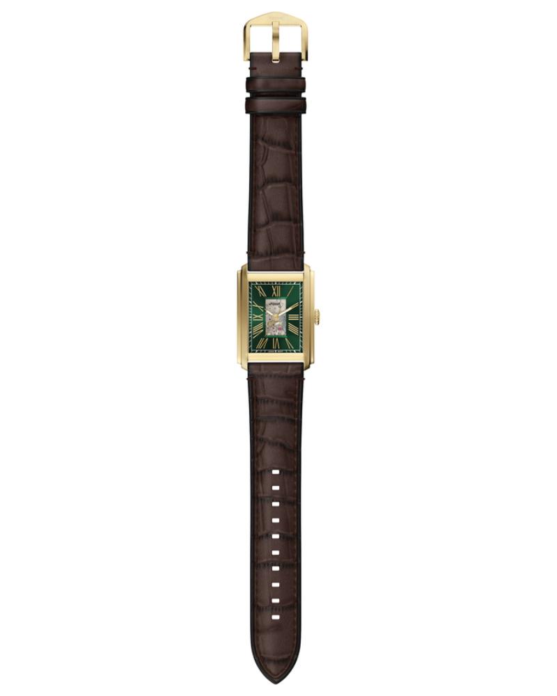 Fossil Carraway watch with full brown crocodile leather strap and gold-tone buckle displayed vertically