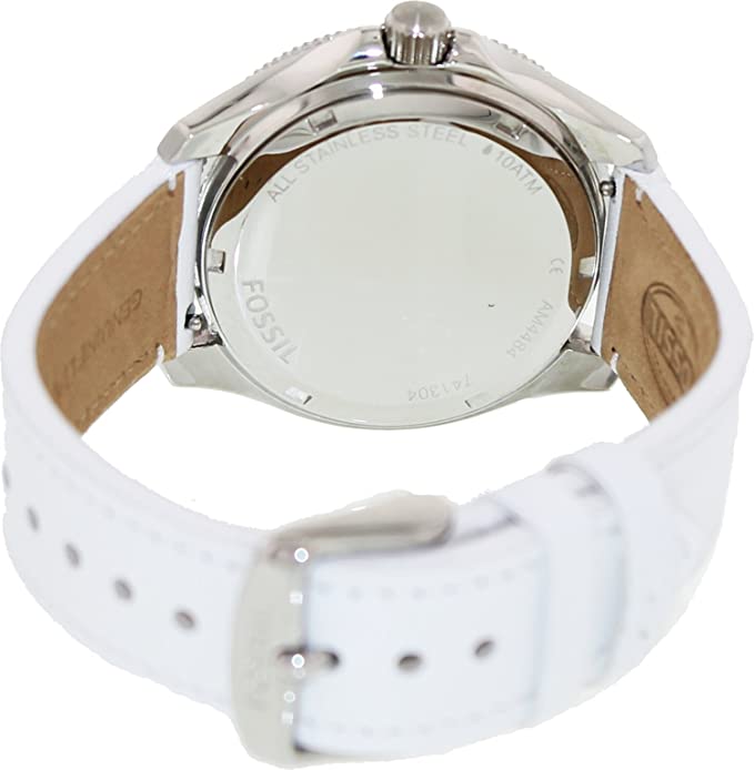 Fossil Cecile watch caseback showing stainless steel case with tan leather interior strap