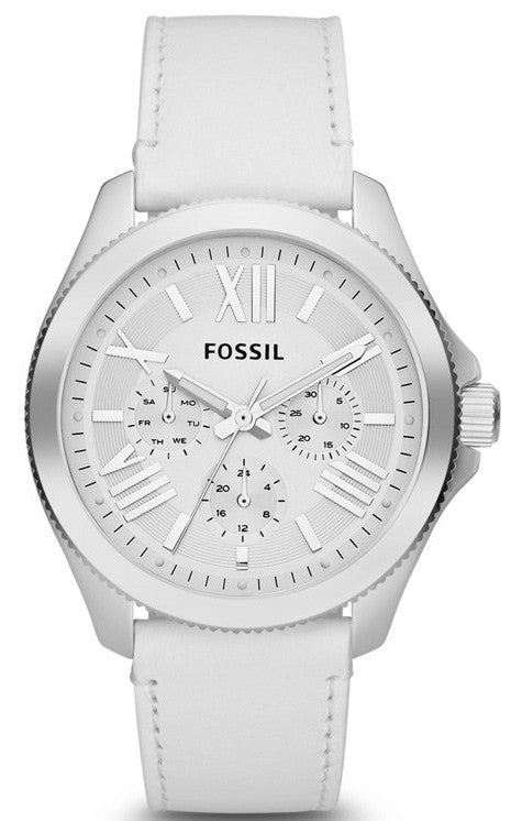 Fossil Cecile women's chronograph watch with white dial, subdials and white leather band