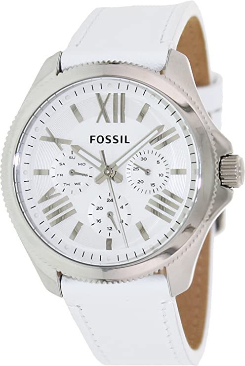 Fossil Cecile white dial chronograph watch with Roman numerals and white leather strap