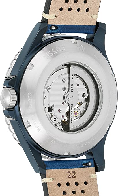 Fossil Crewmaster Sports watch caseback showing automatic skeleton movement