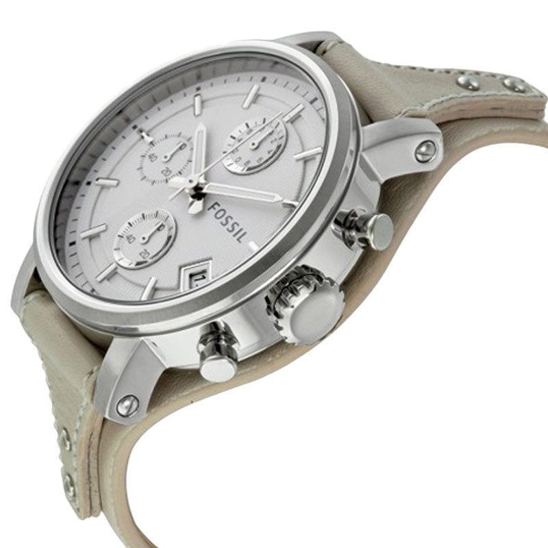 Fossil ES3811 Original Boyfriend Chronograph displayed on wrist with taupe leather band