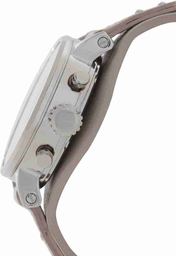 Fossil ES3811 watch side profile showing case and crown with taupe leather strap