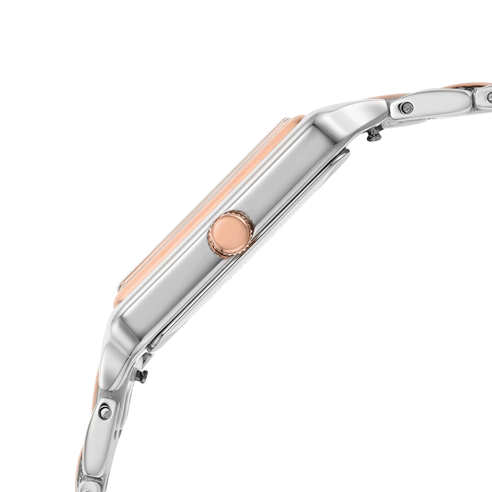 Angled view of Fossil Raquel watch displaying two-tone case and bracelet design