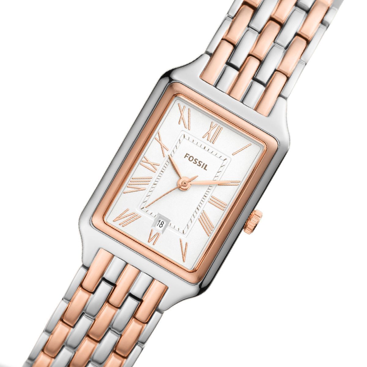 Fossil Raquel watch on wrist showing two-tone bracelet and rectangular case
