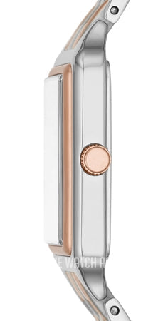 Side profile of Fossil Raquel watch showing case thickness and rose gold accent