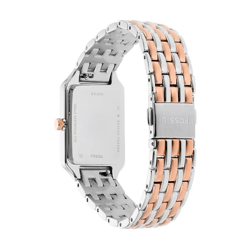Two-tone stainless steel bracelet of Fossil Raquel watch with rose gold and silver links