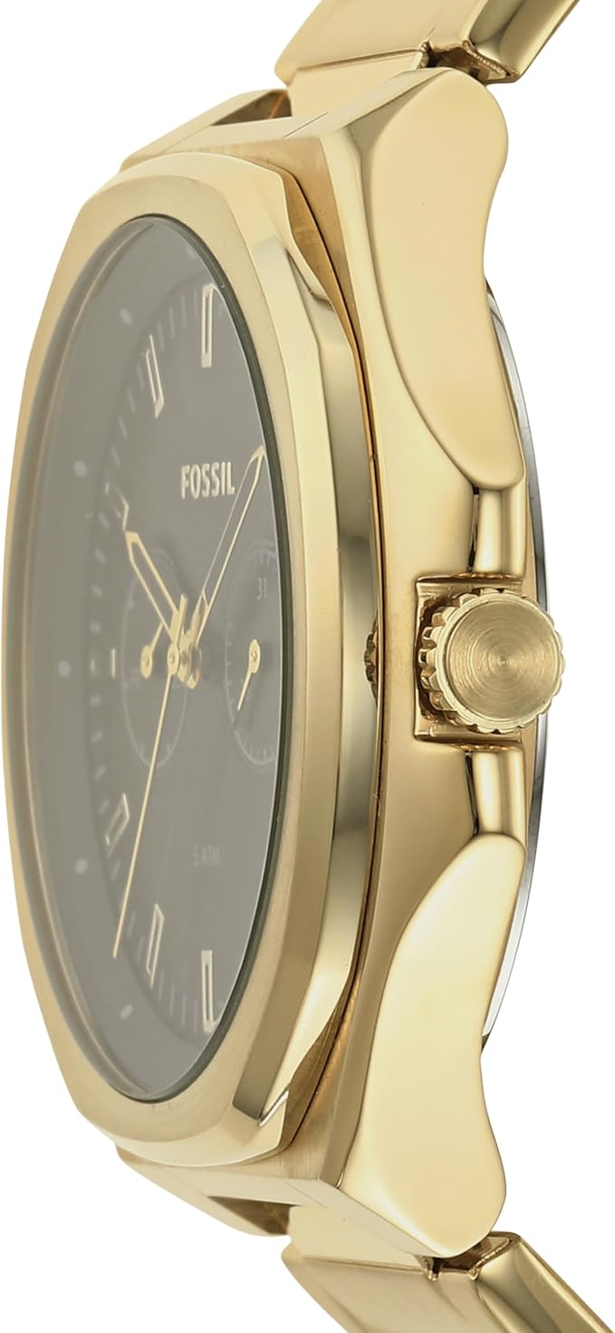 Fossil Evanston watch side view showing gold-tone case and crown