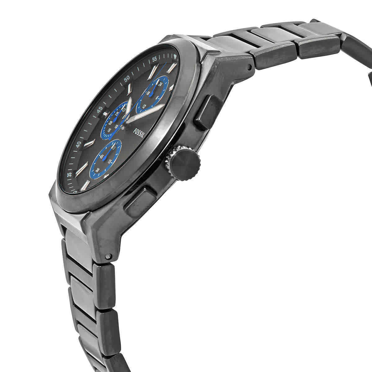Fossil Everett chronograph watch angle view showing case profile and stainless steel bracelet