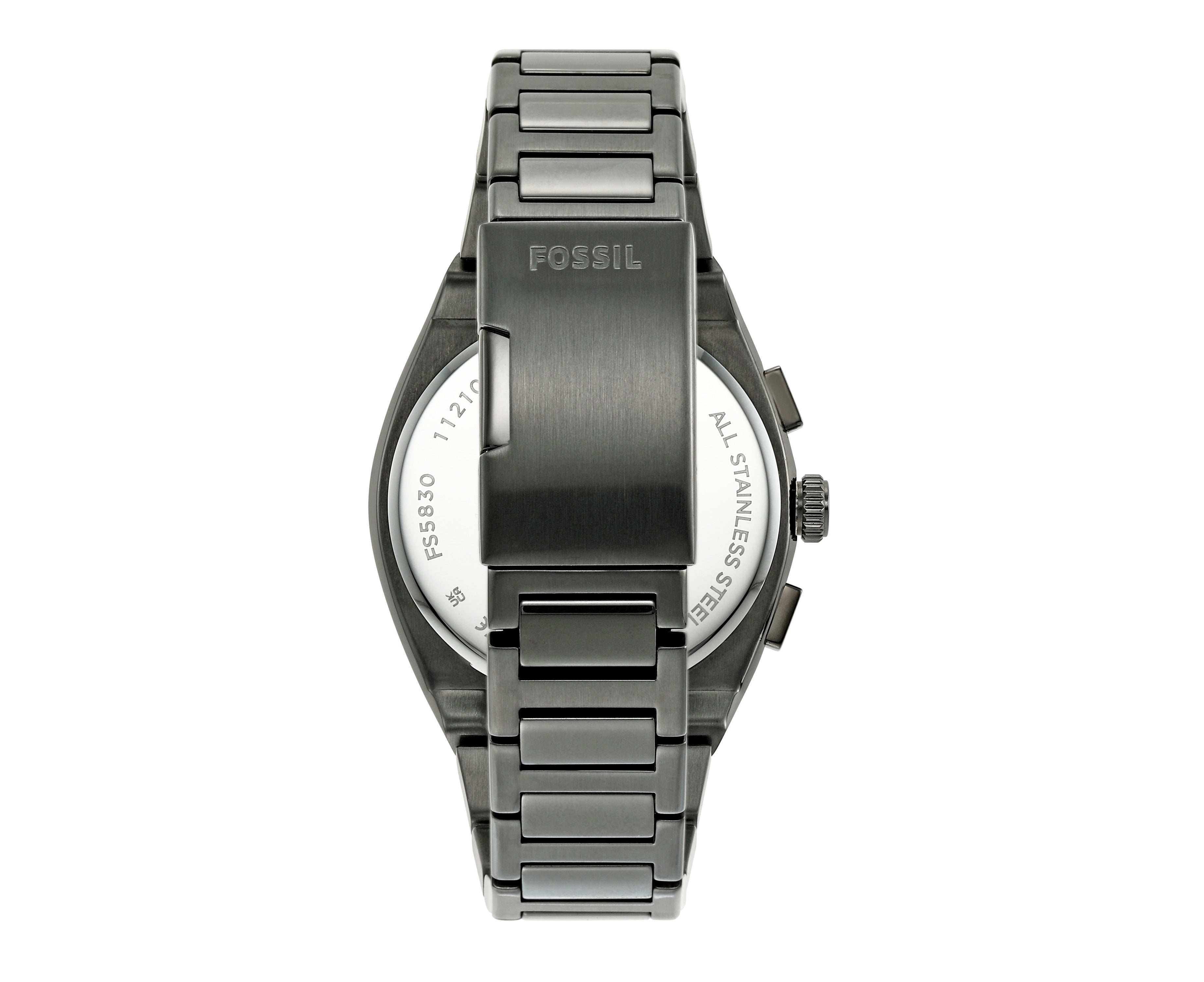 Fossil Everett watch caseback showing stainless steel band and model information