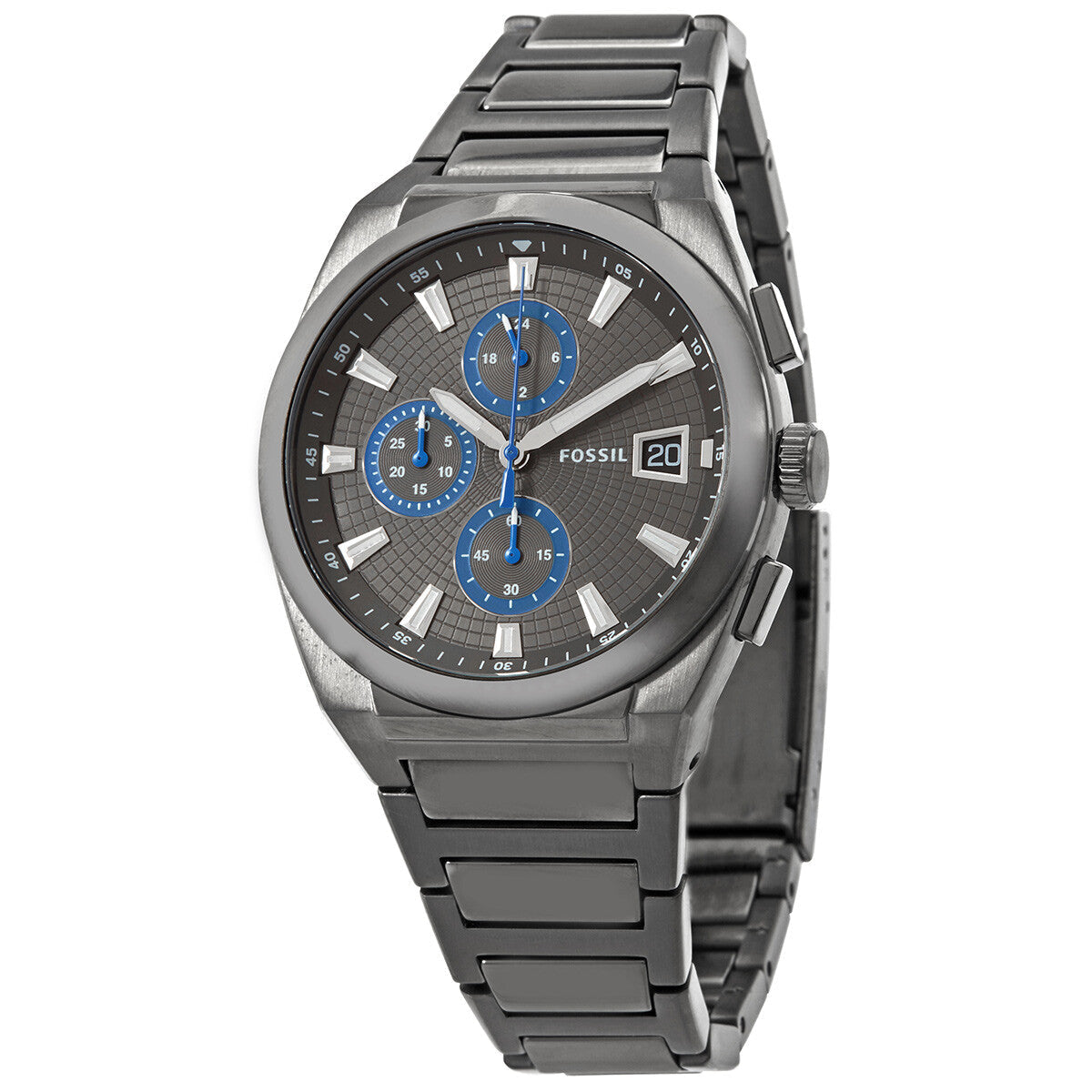 Fossil Everett chronograph men's watch with grey dial and blue subdials, stainless steel band