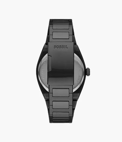 Fossil Everett black watch case back showing stainless steel bracelet