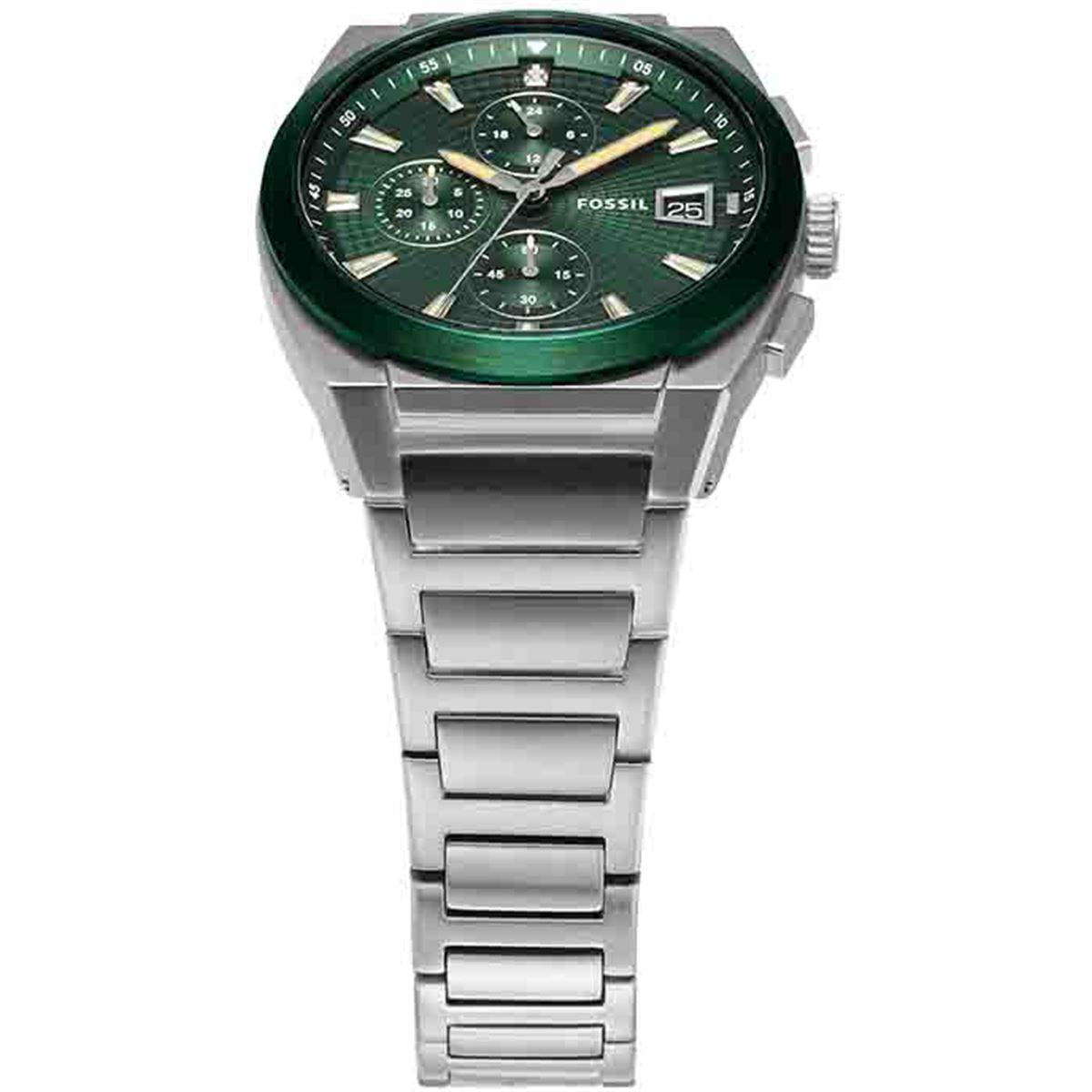 Fossil Everett FS5964 watch with green dial and silver steel strap at angle