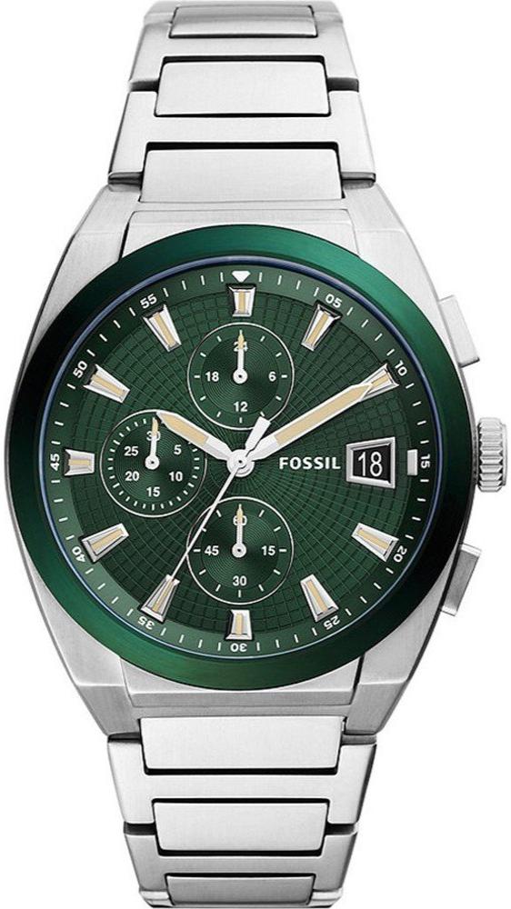 Fossil Everett FS5964 chronograph watch with green dial and silver steel bracelet, front view