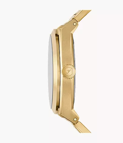 Fossil Everett watch side profile displaying case thickness and gold-tone bracelet