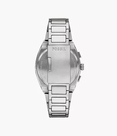 Fossil Everett chronograph watch case back showing stainless steel construction