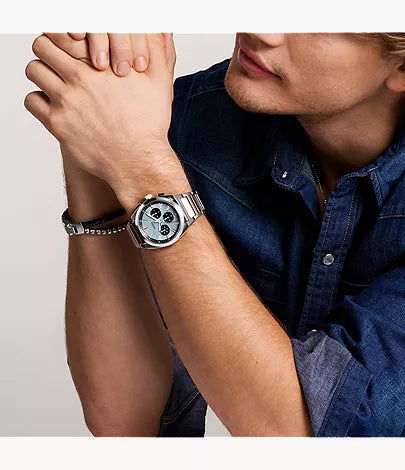Fossil Everett chronograph watch worn on wrist with stainless steel bracelet