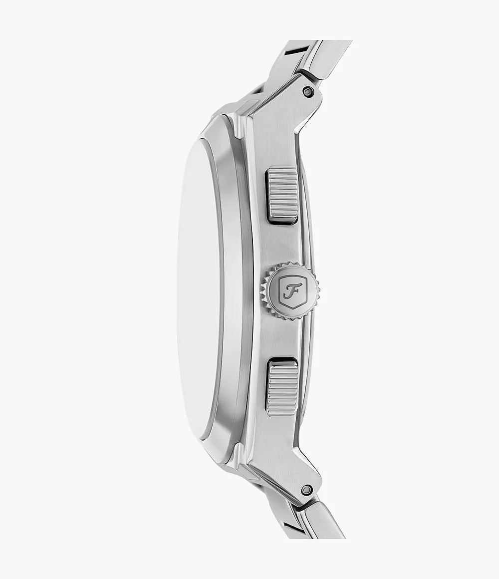Fossil Everett chronograph watch side view showing stainless steel case and pushers