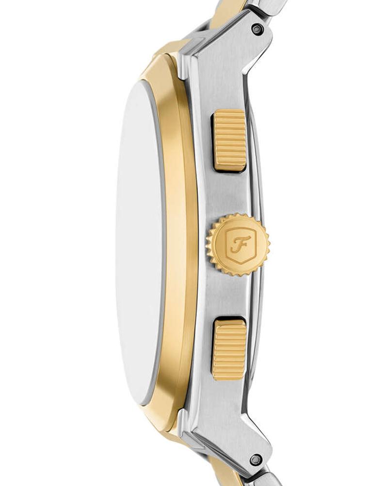 Side view of Fossil Everett watch showing two-tone case and bracelet profile