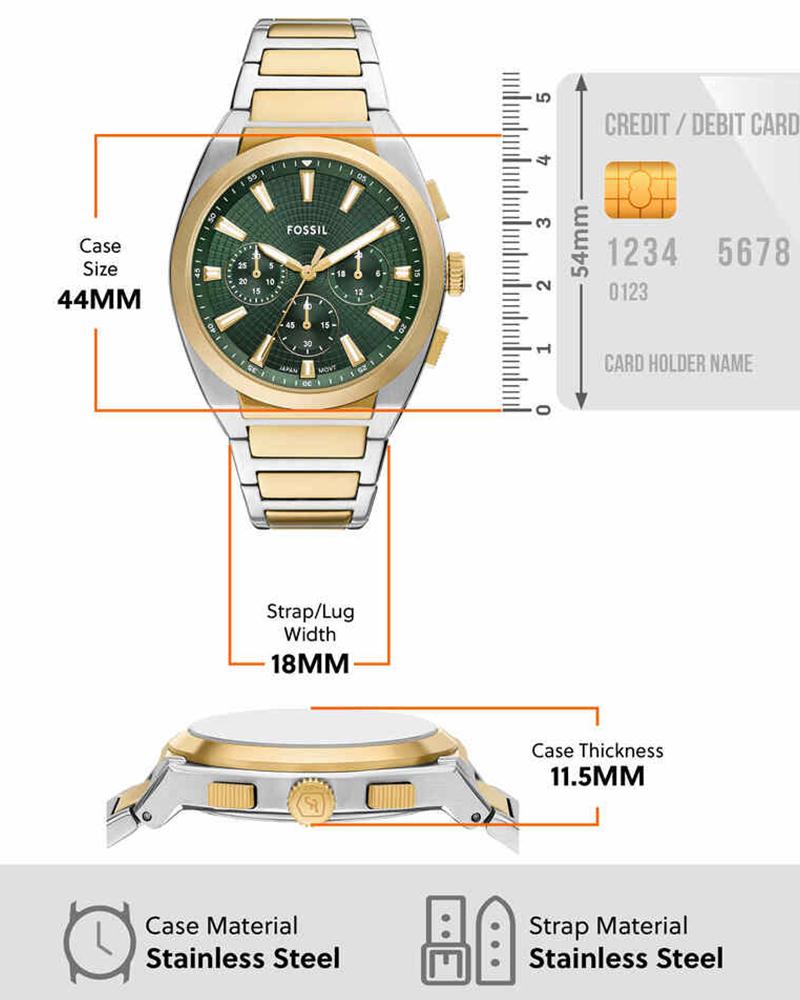 Fossil Everett watch specifications showing 44mm case size, 18mm strap width, 11.5mm thickness