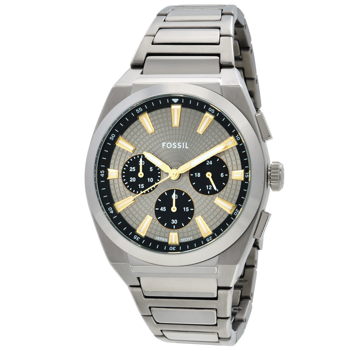 Fossil Everett chronograph watch with grey dial, black subdials, gold-tone hands and indices