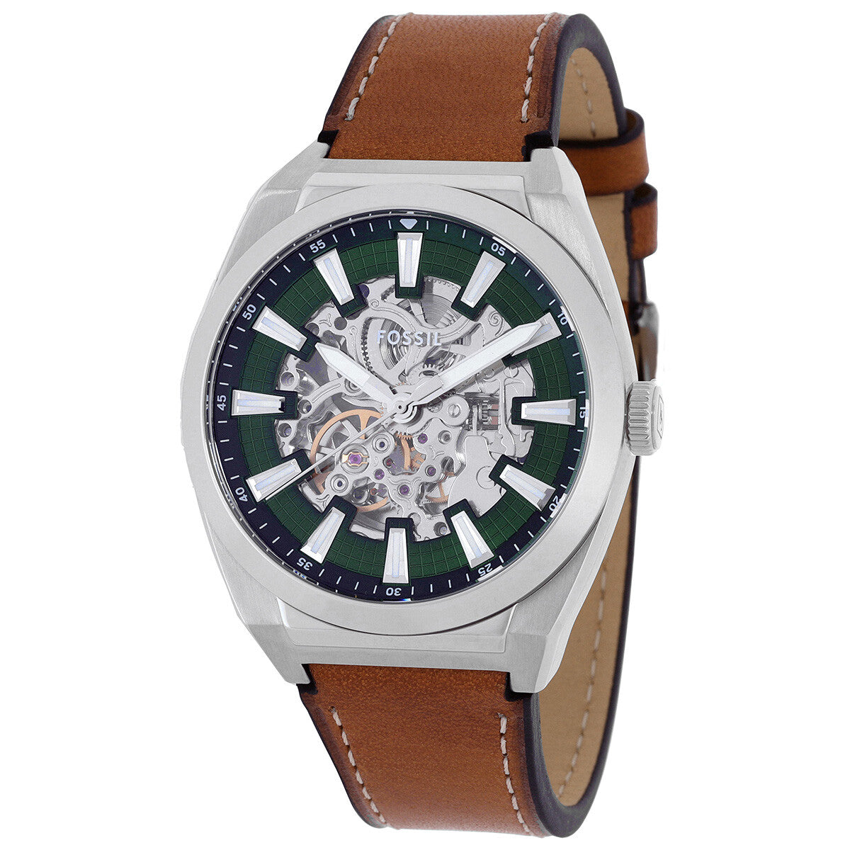 Fossil Everett automatic watch green dial with visible skeleton movement and white hour markers on brown leather strap