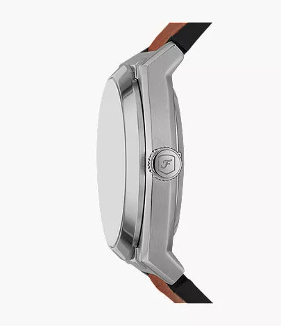Fossil Everett automatic watch side profile view showing stainless steel case thickness and brown leather strap