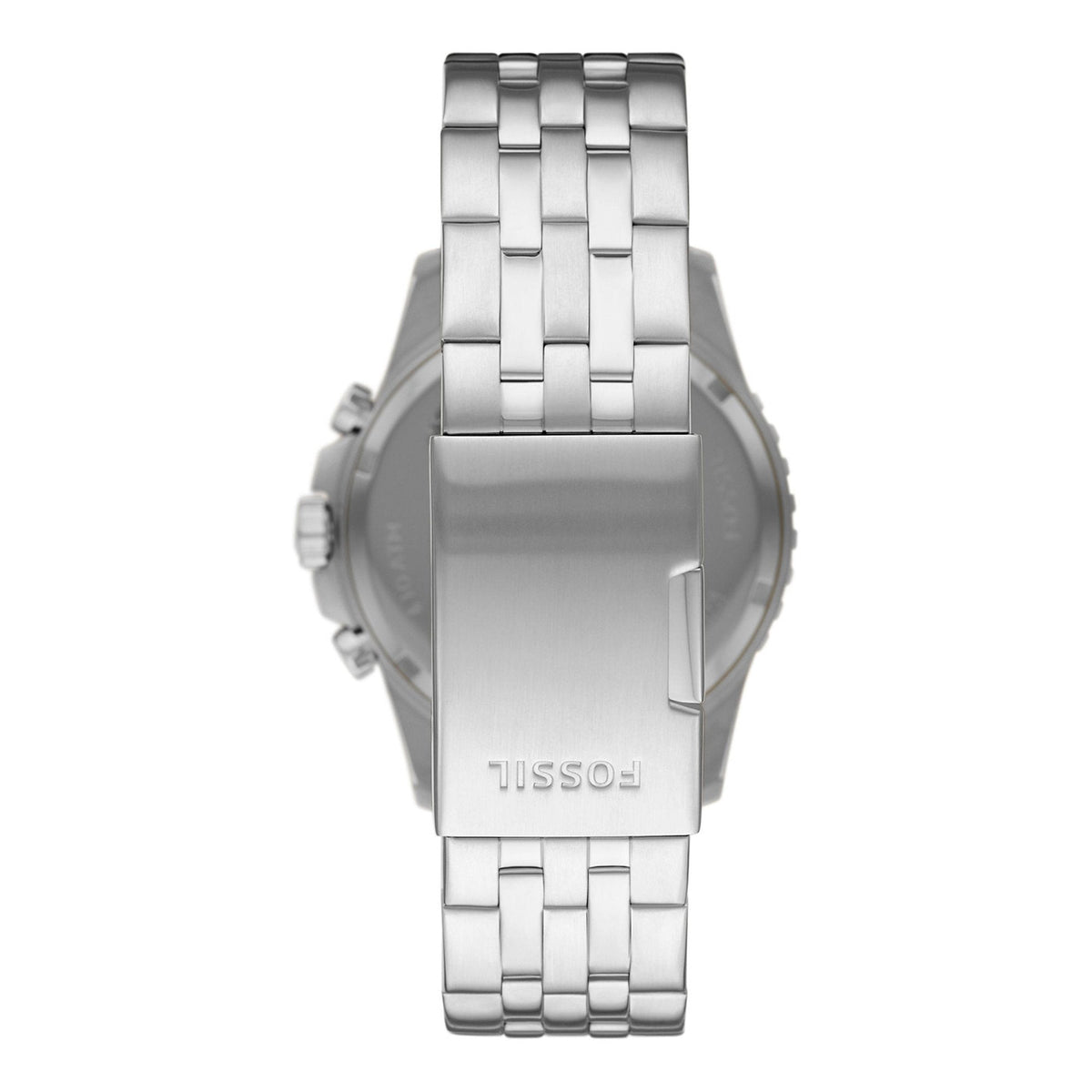Fossil FB-01 stainless steel caseback with engraved Fossil branding and bracelet