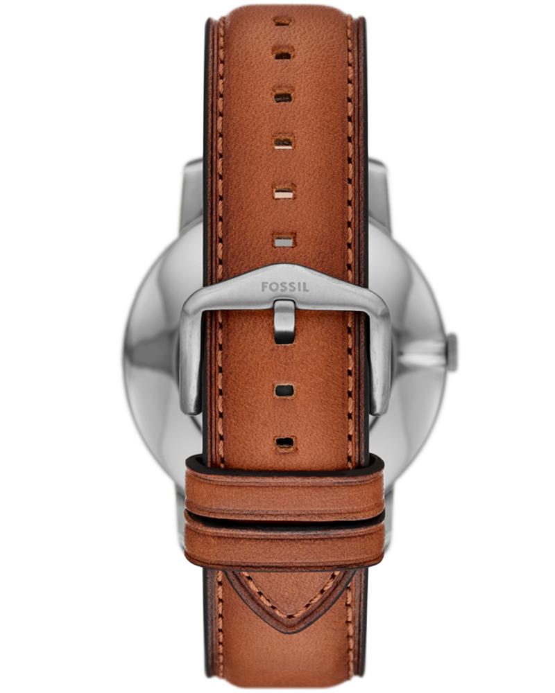 Fossil FS6094 watch case back view with brown leather strap and stainless steel lugs