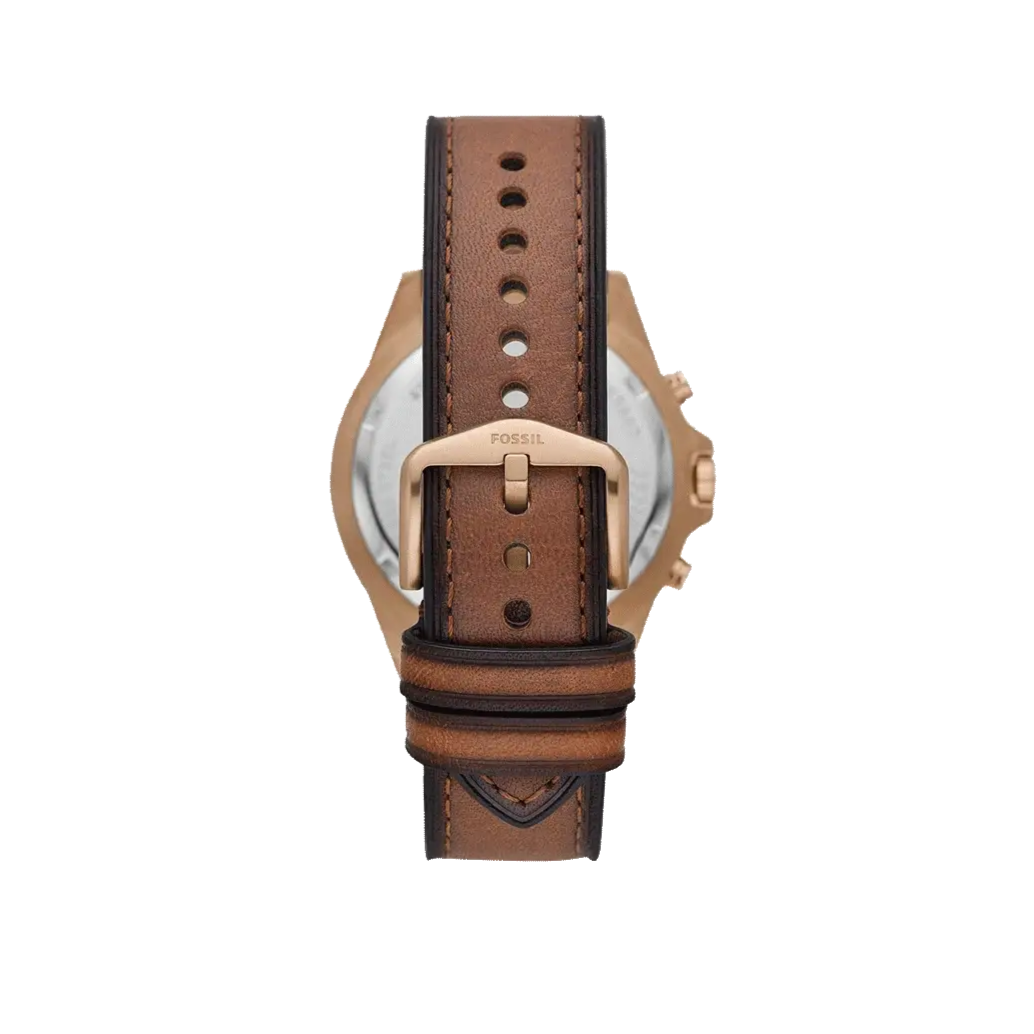 Fossil Garrett FS5867 watch caseback detail with brown leather strap and rose gold case