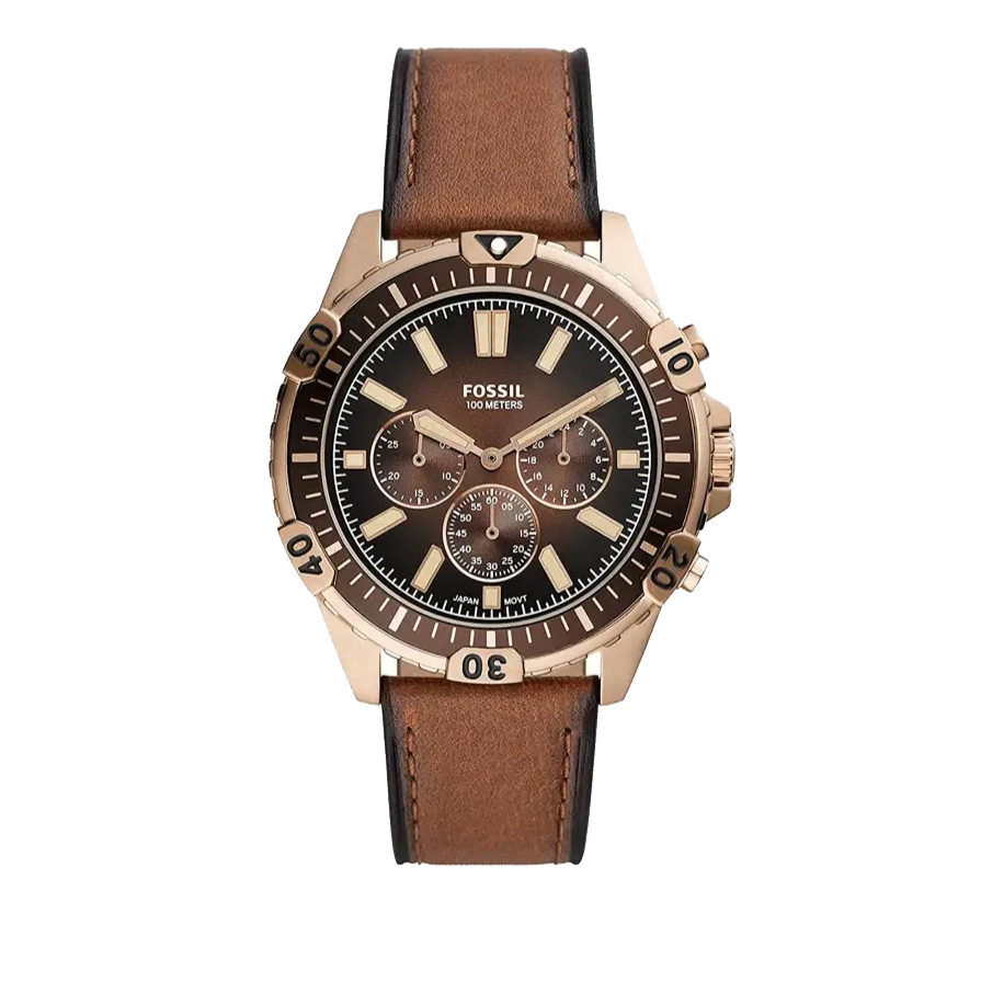 Fossil Garrett FS5867 men's chronograph watch with rose gold case and brown strap