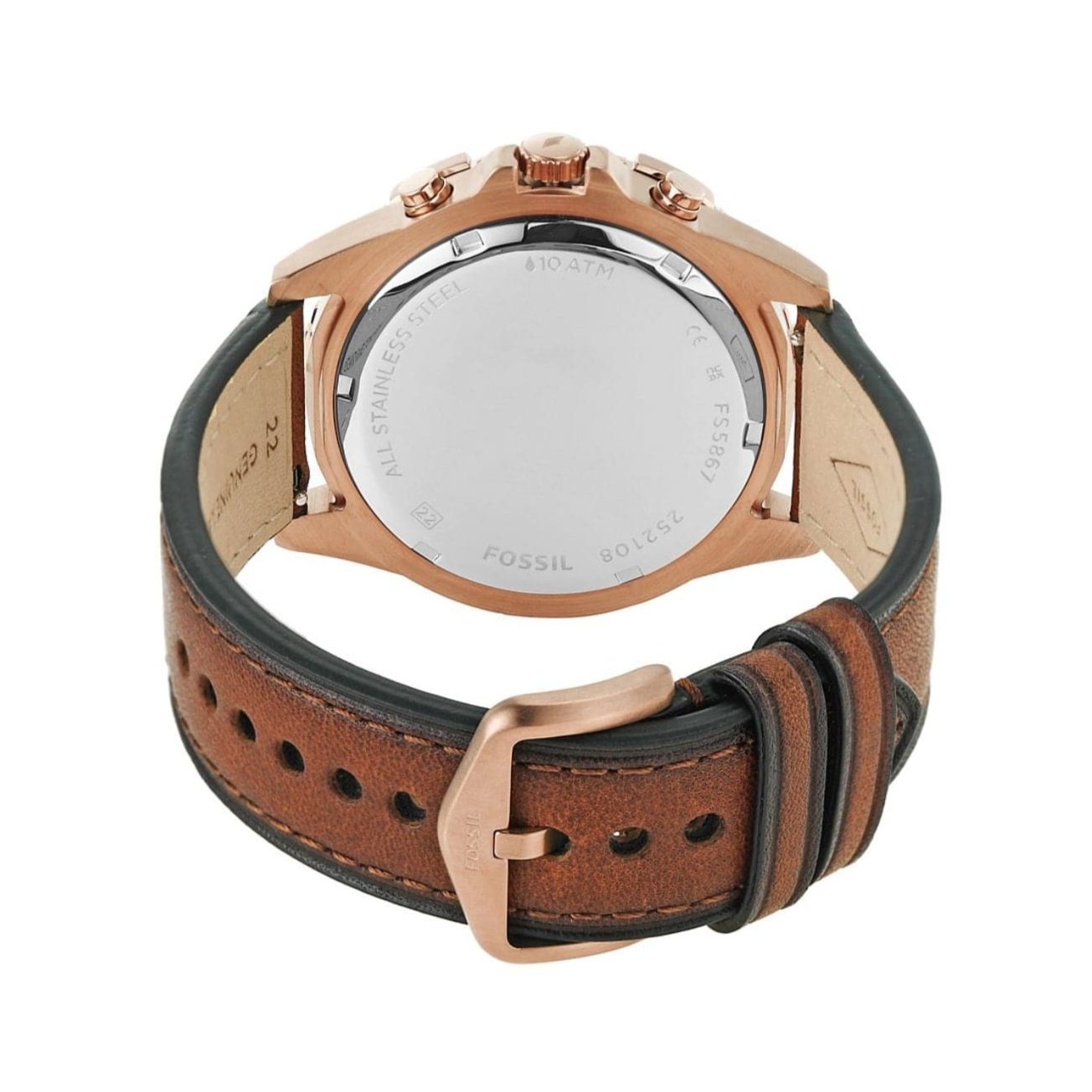 Fossil Garrett FS5867 chronograph watch on wrist showing brown leather strap and case