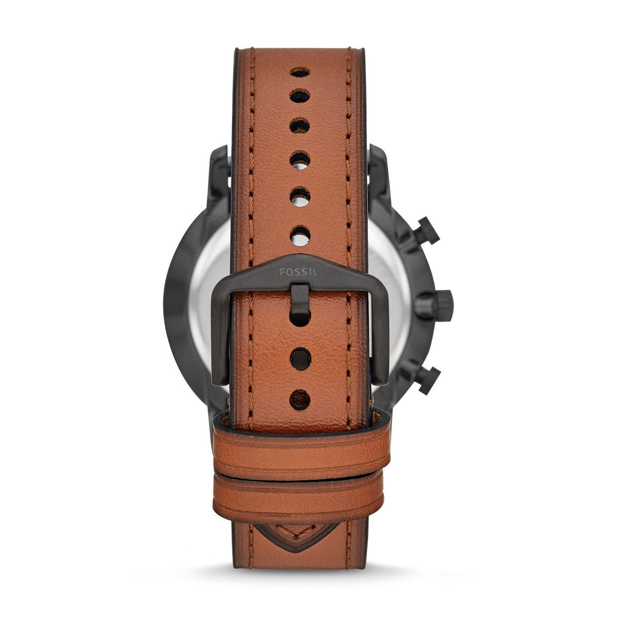 Back view of Fossil Goodwin FS5501 watch showing black case and tan perforated leather strap