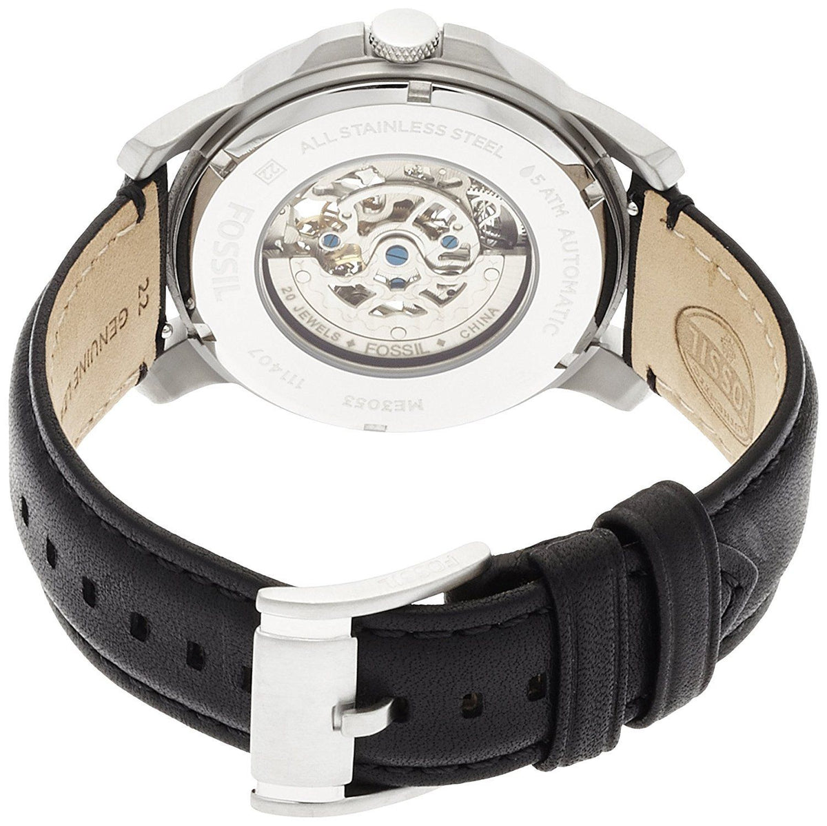 Fossil Grant watch side profile displaying stainless steel case, black leather strap, and skeleton dial