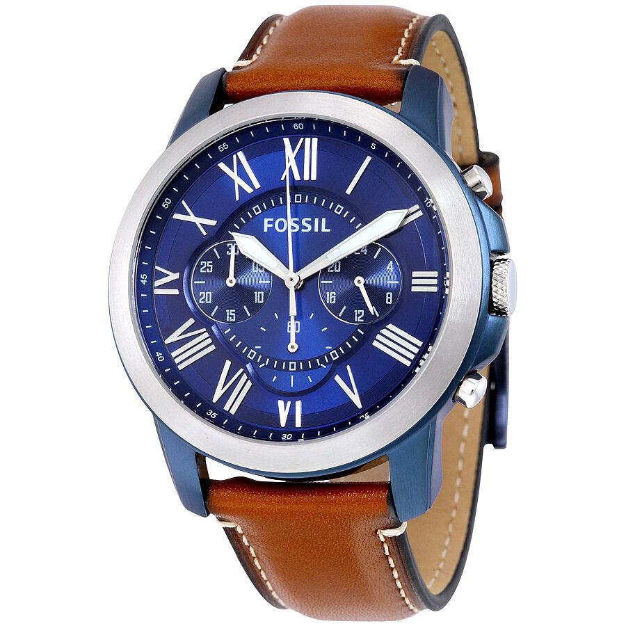 Fossil Grant chronograph men's watch with blue dial, Roman numerals, and brown leather strap