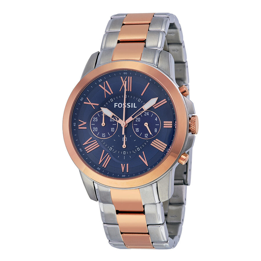 Fossil Grant chronograph men's watch with blue dial, two-tone rose gold and silver stainless steel case and bracelet