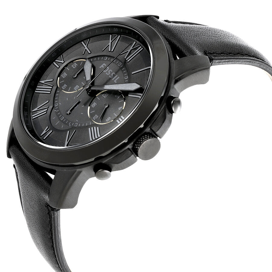 Side view of Fossil Grant chronograph watch showing profile and black leather strap