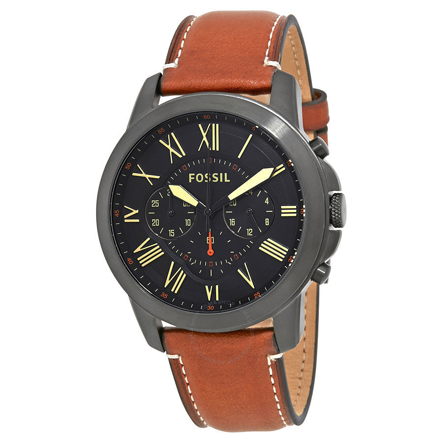 Fossil Grant chronograph men's watch with black dial, gold Roman numerals, and brown leather strap