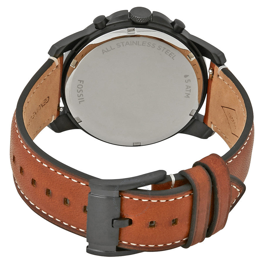 Fossil Grant watch caseback showing stainless steel case with engraved text and brown leather strap