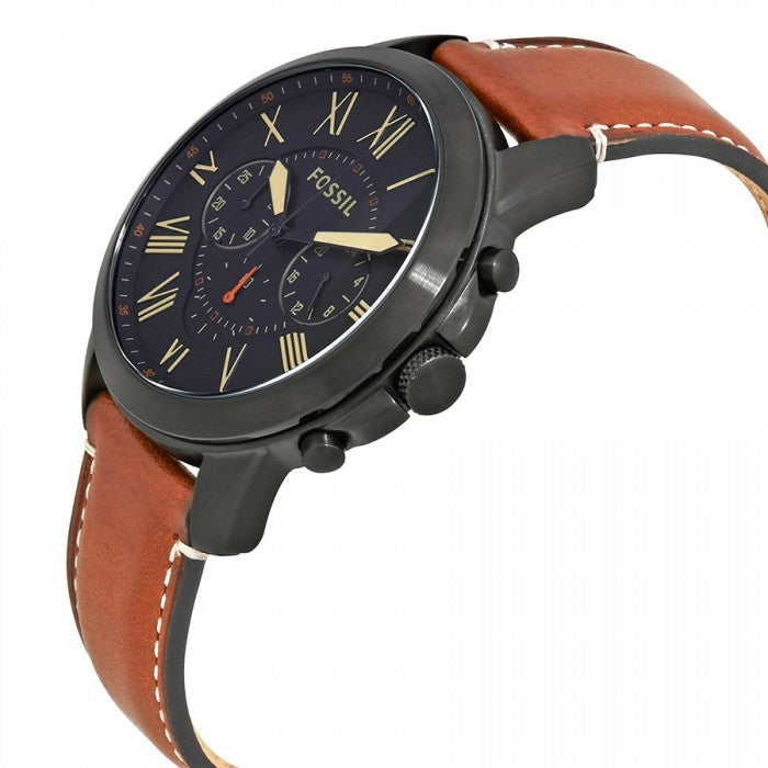 Fossil Grant chronograph watch side view showing dark case and brown leather band with stitching