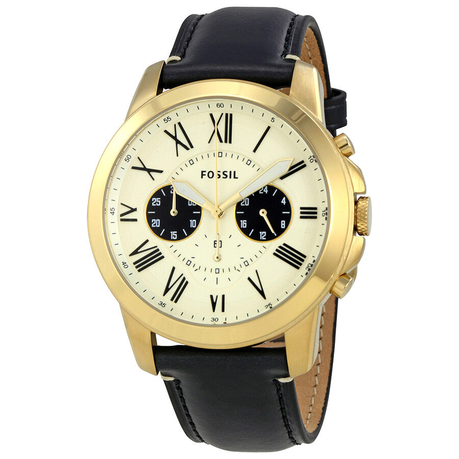 Fossil Grant chronograph men's watch with gold-tone case, cream dial, and black leather strap