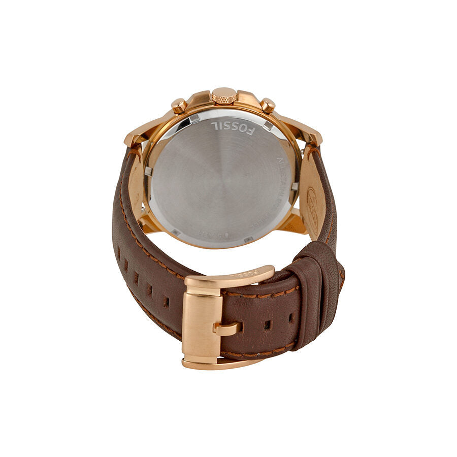 Fossil Grant Chronograph caseback showing movement and brown leather strap with rose gold buckle