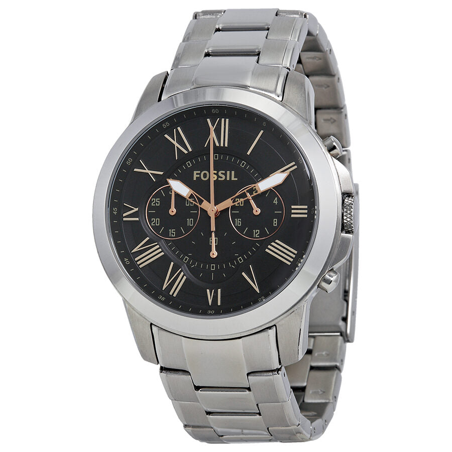 Fossil Grant Chronograph men's watch with black dial, Roman numerals, and stainless steel bracelet