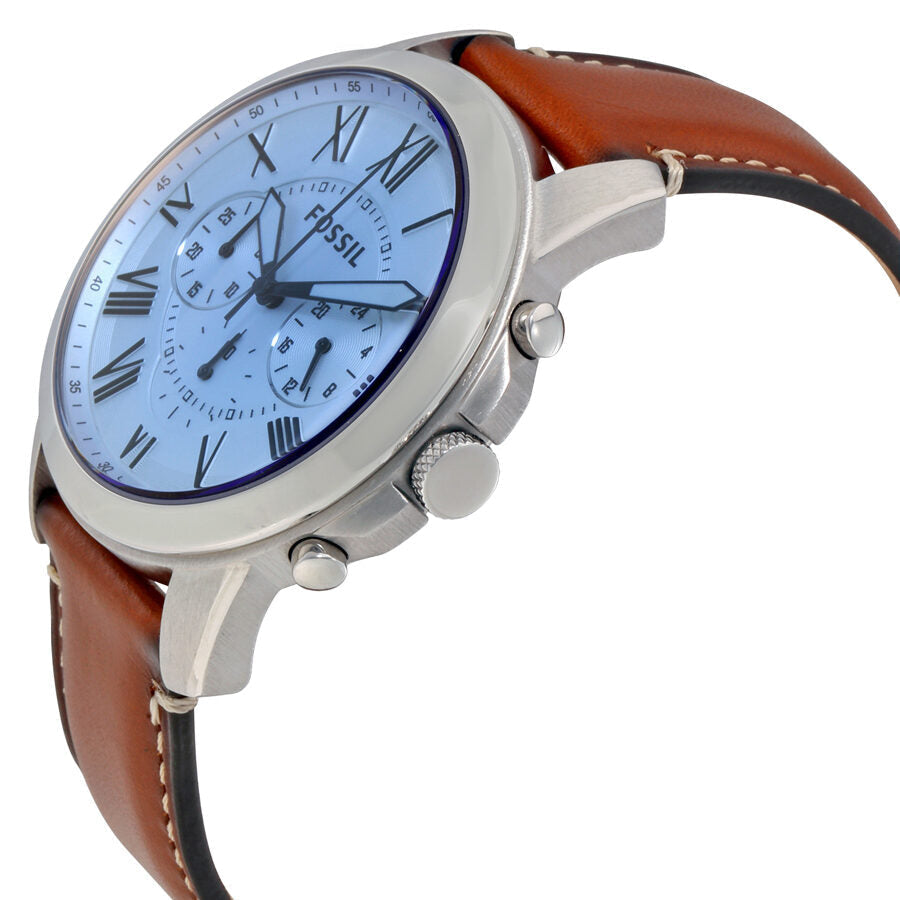 Fossil Grant chronograph watch angled side view showing silver case and brown leather strap