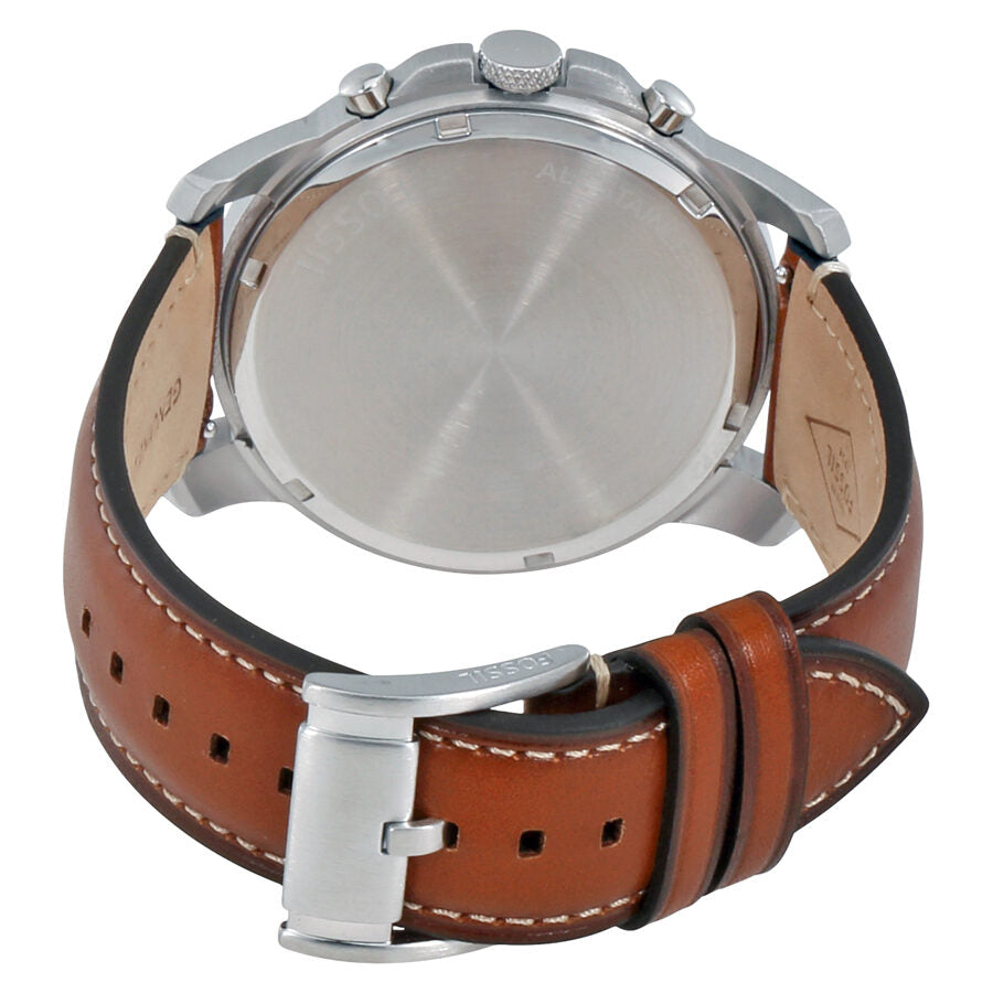 Fossil Grant watch caseback showing stainless steel case with brushed finish and leather strap