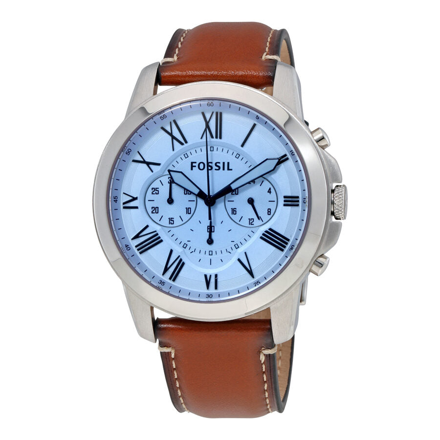 Fossil Grant chronograph men's watch with silver blue dial, Roman numerals, and brown leather strap
