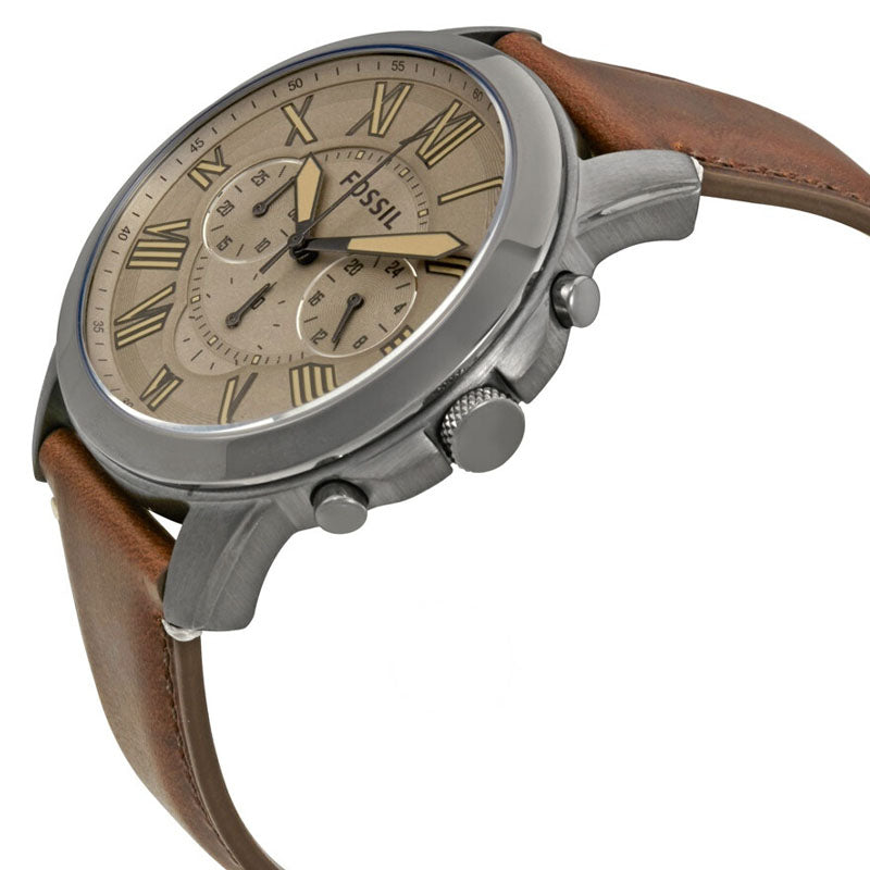 Side angle view of Fossil Grant chronograph showing brown leather strap and grey case